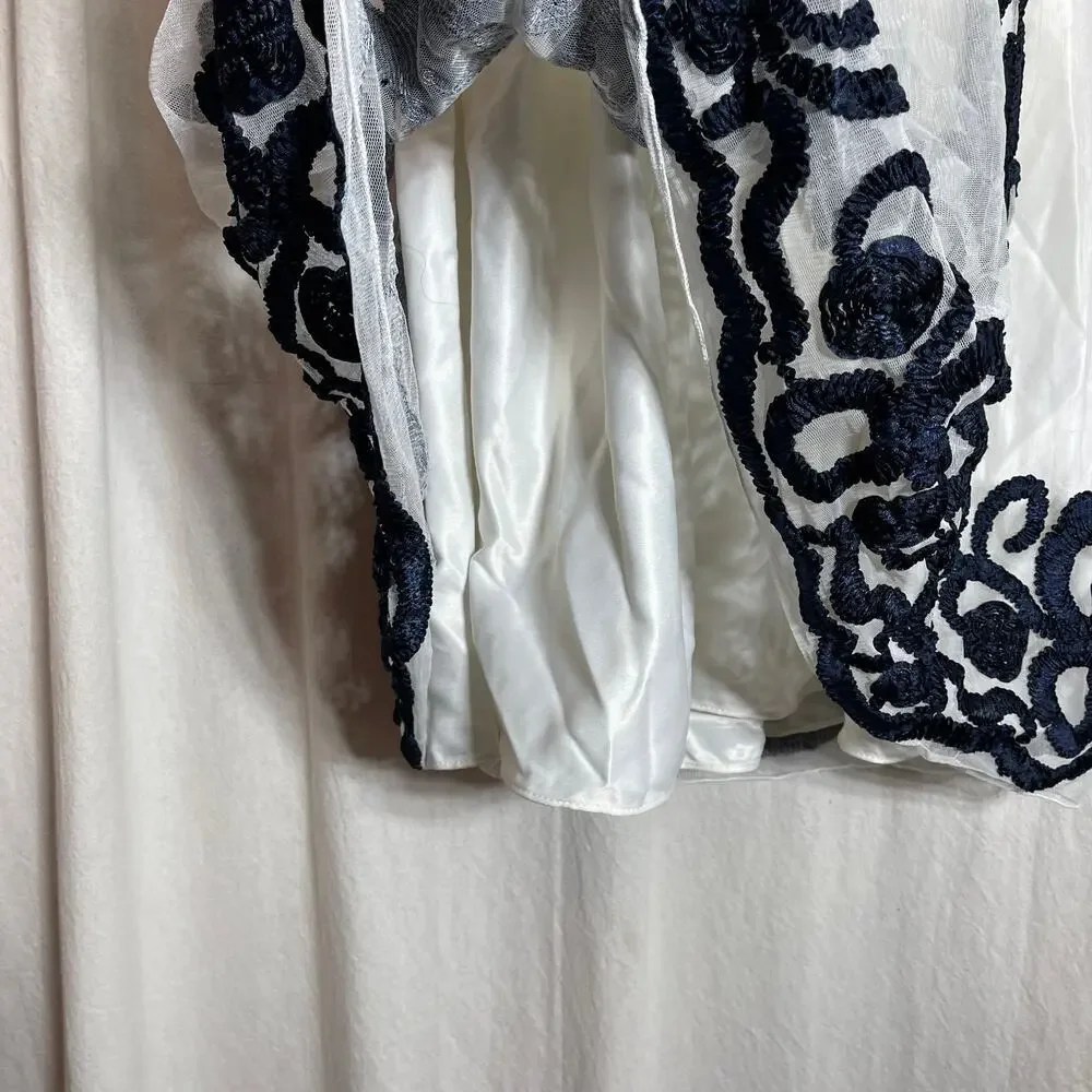 American Princess Satin Cream Textured Navy Blue Girls Sz 10